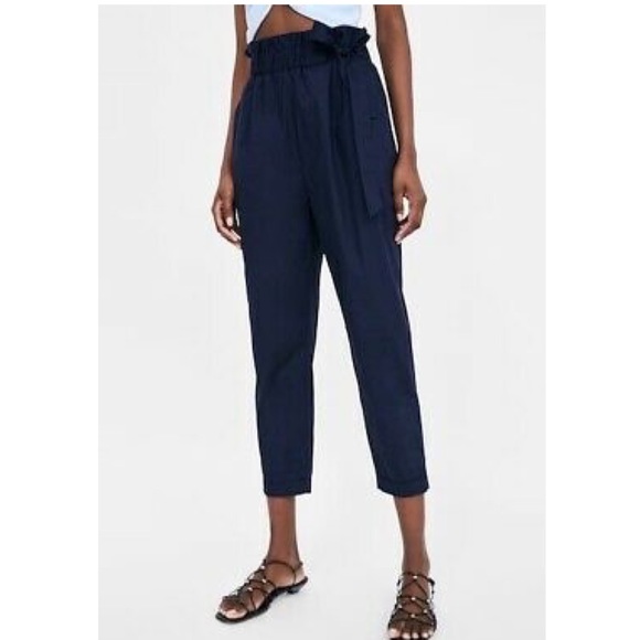 Zara Navy Blue Paper Bag Waist Pants - Picture 2 of 13